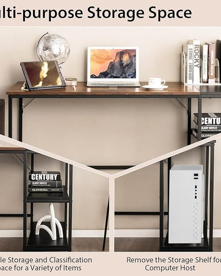 Multifunctional Computer Desk, Industrial Study Writing Desk w/Removable Storage Shelf, Heavy-Duty Metal Frame, 55 Inch Desk for Home Office, Gaming Room, Bedroom (Rustic Brown) - LeafyLoom