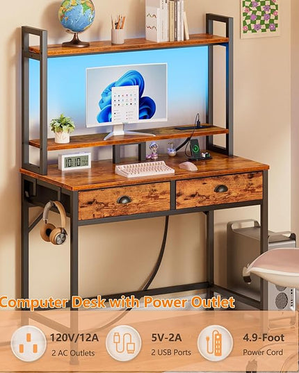 Furologee Small Computer Desk with Power Outlet and 2 Fabric Drawers, Gaming Desk with Light, Home Office Desk with Monitor Stand and Hutch for Small Space Working, Study Table with Shelf Rustic Brown - LeafyLoom