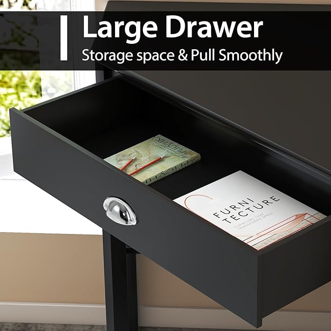 Nightcore Small, Wood Computer Desk, Compact Writing w/Drawer & Storage Shelves, Space Saving Study Workstation, Laptop PC Corner Table, Black - LeafyLoom