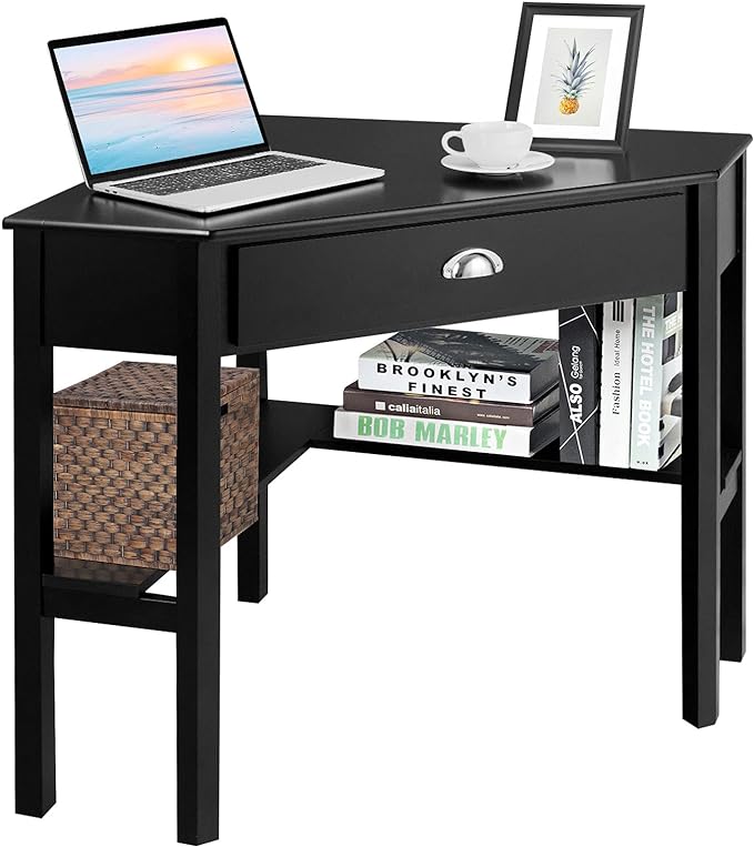 Nightcore Small, Wood Computer Desk, Compact Writing w/Drawer & Storage Shelves, Space Saving Study Workstation, Laptop PC Corner Table, Black - LeafyLoom