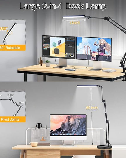 NOEVSBIG LED Desk Lamp with Clamp,2-in-1 Clamp on Desk Lamp with Base,50.7" Adjustable Swing Arm Architect Desk Lamp,Memory Function Desk Lights for Home Office,Workbench,Reading,Craft,Drafting - LeafyLoom