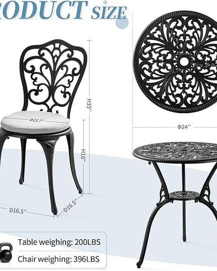 Patio Bistro Set 3 Piece Outdoor, All Weather Bistro Table and Chairs Set of 2 with Umbrella Hole, Outdoor Bistro Set with Cushions, Cast Aluminum Patio Furniture Set for Garden Porch - LeafyLoom