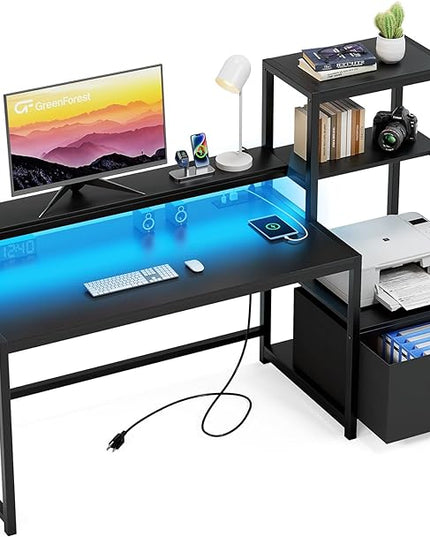 GreenForest Computer Desk with Drawer and Printer Shelf, 59 inch Gaming Desk with LED Lights and Power Outlets, Home Office Desk with Storage for Study Writing Working,Black - LeafyLoom