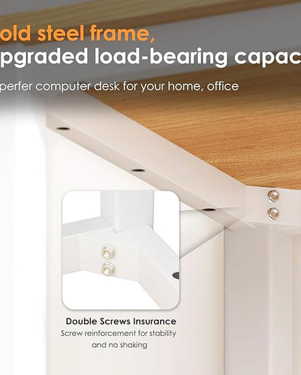 Need Small Desk, 31.5 inch Sturdy Writing Desk for Small Spaces, Small Computer Desk Teens Desk Study Table Laptop Desk Home Ofice Desk, White Metal Frame, Teak - LeafyLoom