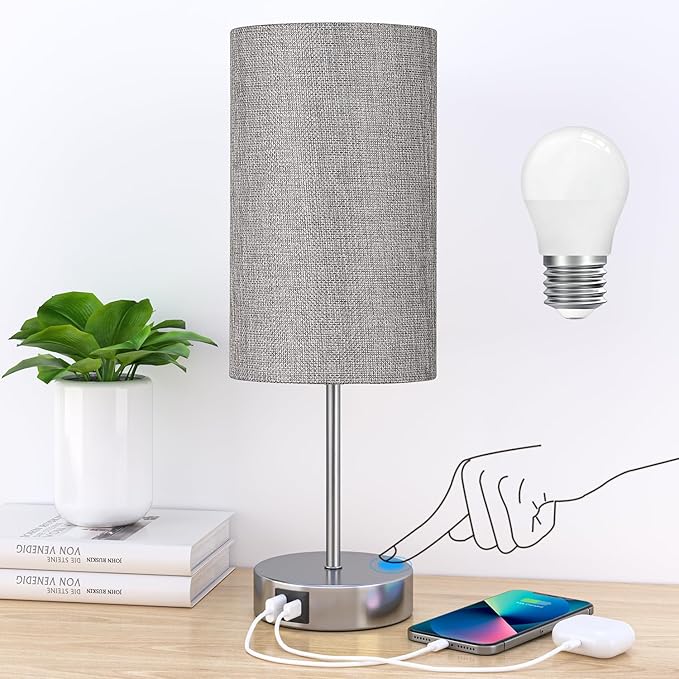 AKASUKI Table Lamp for Bedroom, 3 Way Dimmable Touch Lamp with Dual Charging Station, Small Bedside Lamps for Night Stands, Living Room, Office(LED Bulb Included) - LeafyLoom