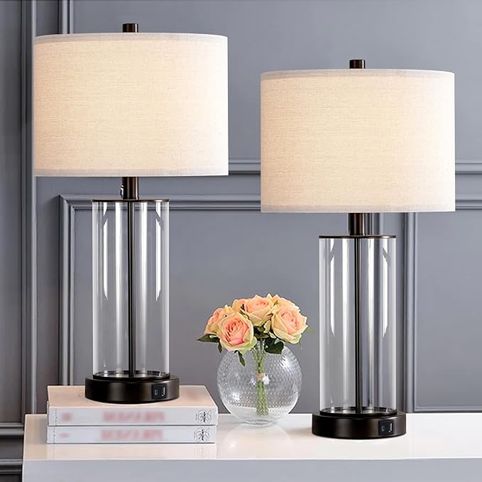 23.5'' Glass Table Lamp Set of 2 for Living Room, 3-Way Touch Control Table Lamps with USB Ports and AC Outlets(Bulbs Included) - LeafyLoom