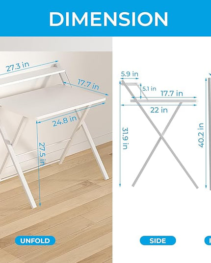 GreenForest Folding Desk No Assembly Required Small Size, 2-Tier Foldable Computer Desk with Shelf for Home Office, Space Saving Portable Laptop Study Foldable Table for Small Spaces, White - LeafyLoom