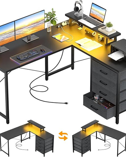 Homieasy L Shaped Desk with Drawers & Power Outlets, Reversible Computer Desk with LED Light and Monitor Stand, 50 Inch Home Office Gaming Work Study Desk with 4 Storage Drawers, Black - LeafyLoom