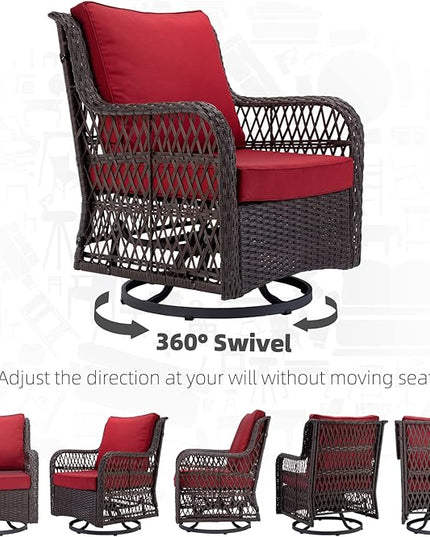 IDEALHOUSE 3 Pieces Outdoor Wicker Swivel Rocker Patio Set, 360-Degree Swivel Rocking Chair Elegant Wicker Patio Bistro Set with Tempered Glass Top Side Table (Red) - LeafyLoom
