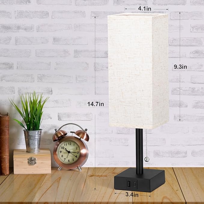 Pull Chain Small Table Lamp for Bedroom with USB Ports, 3 Color Temperature Bedside Lamp for Kid's Room Office - LeafyLoom