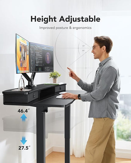 HUANUO 48″ x 24″ Electric Standing Desk with 2 Drawers, C-Clamp Mount Compatible, Height Adjustable Computer Desk, Home Office Stand Up Desk with 4 Preset Heights & 2 Hooks, Black - LeafyLoom