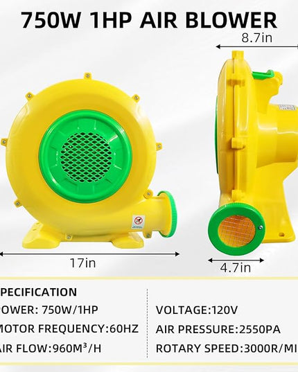 750W Bounce House Blower, Powerful Air Blower for Inflatable, Portable Inflatable Bubble House Blower Pump Fan for Inflatable Bouncy Castle, Jumper, Water Slide, Blower Corded(750 Watt 1HP) - LeafyLoom