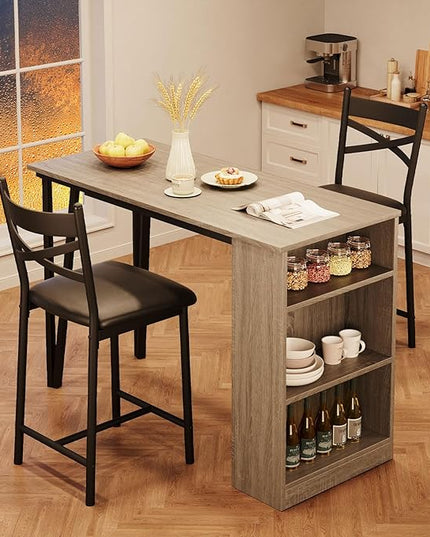 IDEALHOUSE Dining Table Set for 2, Expandable Kitchen Bar Table and Chairs for 2, 3 Piece Counter Height Top Dining Table Set with Upholstered Chairs Storage for Small Space, Black (Grey) - LeafyLoom
