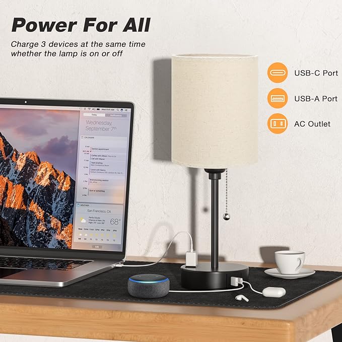 Beige Small Lamps 3 Levels Brightness - 2700K 3500K 5000K Bedside Lamps with USB C and A Ports, Pull Chain Table Lamps with AC Outlet, Nightstand Lamps with Black Metal Base for Bedroom Kids Reading - LeafyLoom