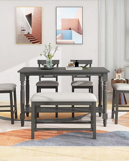6-Piece Wood Counter Height Dining Set, Rectangular Table with Shelf, 4 Chairs and Bench for Kitchen, Breakfast Nook, Living Room, Gray, 60" L x 29.5" W x 36" H - LeafyLoom