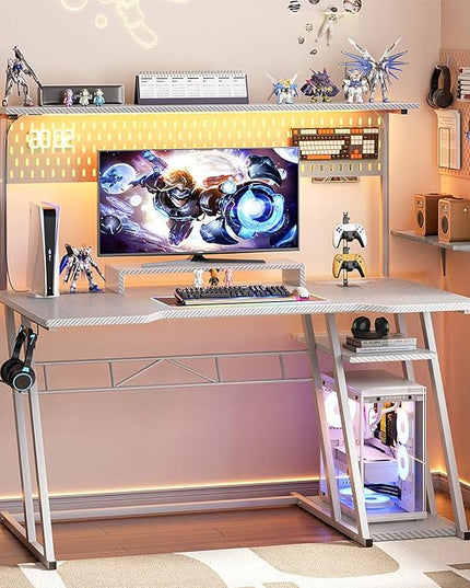 Gaming Computer Desk with Storage Shelves & Z-Shaped Legs, White Gaming Desk with Hutch and LED Lights, Reversible PC Gaming Desk with Pegboard for Bedroom & Small Spaces, Carbon Fiber Surface, 47'' - LeafyLoom