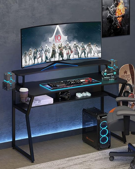 Gaming Desk, Computer Desk with Large Monitor Stand and Open Shelf,Gamer Table Workstation with Cup Holder, Headphone Hook, 2 Speaker Stand for Home Office (Black Carbon Fiber) - LeafyLoom