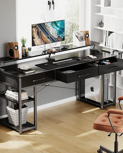 ODK Computer Desk with Drawers and Storage Shelves, 63 inch Home Office desk with Monitor Stand, Modern Work Study writing table Desk for Small Spaces, Black - LeafyLoom