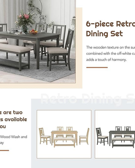 6-Piece Retro Dining Set, Minimalist Rectangular Table and 4 Upholstered Chairs & 1 Bench with a Shelf for Kitchen Living Room, Dark Gray, 60" L x 43" W x 30" H - LeafyLoom