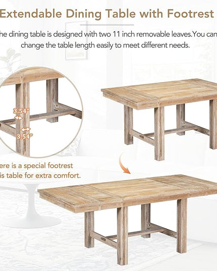 6-Piece Wood 82inch Extendable Dining Table Set with Two 11" Removable Leaves, 4 Upholstered Chairs and Bench, Farmhouse Style, Natural, 60"-82" L x 36" W x 30" H - LeafyLoom