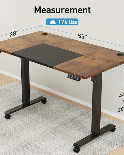 MOUNTUP 55x28 Inches Electric Height Adjustable Standing Desk, Sit Stand Desk with Memory Controller, Ergonomic Stand Up Desk for Home Office with Splice Board, Rustic Brown+Black - LeafyLoom