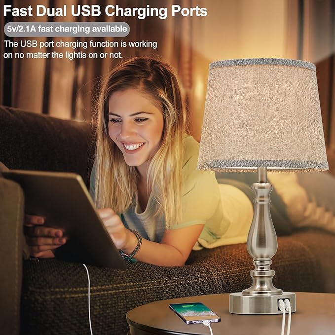 Nightstand Table Lamps for Bedroom Set of 2, Touch Bedside Lamps with Dual USB Ports, 3 Way Dimmable Bedroom Lamps for End Tables, Modern Night Stand Lamps for Living Room Guest Room - LeafyLoom