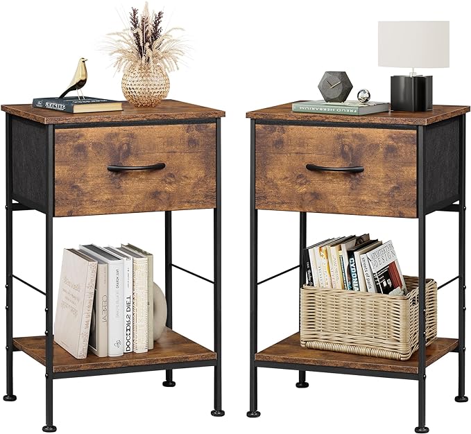 WLIVE Nightstand Set of 2, End Table with Fabric Storage Drawer and Open Wood Shelf, Bedside Furniture with Steel Frame, Side Table for Bedroom, Dorm, Rustic Brown Wood Grain Print, 24.9" Height - LeafyLoom