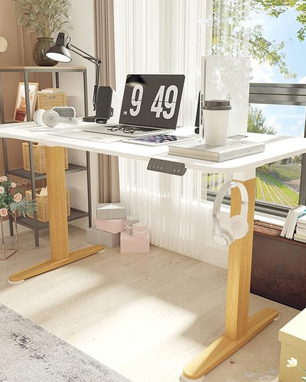 Monomi Electric Standing Desk, 55 x 28 inches Height Adjustable Desk, Ergonomic Home Office Sit Stand Up Desk with Memory Preset Controller (White Top/Wood Grain Frame) - LeafyLoom