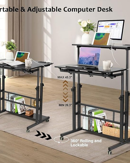 Hadulcet Stand Up Desk, Rolling Desk Adjustable Height, Mobile Standing Desk with Wheels & Charging Station, Portable Desk for Laptop, Rolling Computer Cart TV Tray, Small Standing Desk Drawing Desk - LeafyLoom