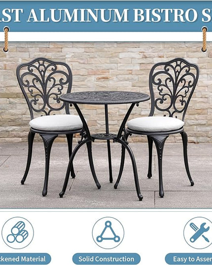 3 Piece Bistro Patio Set Cast Aluminum Bistro Table and Chairs Set of 2 with Cushion,Outdoor Bistro Table Set with Umbrella Hole,Metal Patio Furniture Set for Garden,Black - LeafyLoom