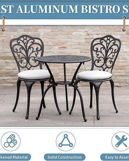 Patio Bistro Set 3 Piece Outdoor, All Weather Bistro Table and Chairs Set of 2 with Umbrella Hole, Outdoor Bistro Set with Cushions, Cast Aluminum Patio Furniture Set for Garden Porch - LeafyLoom