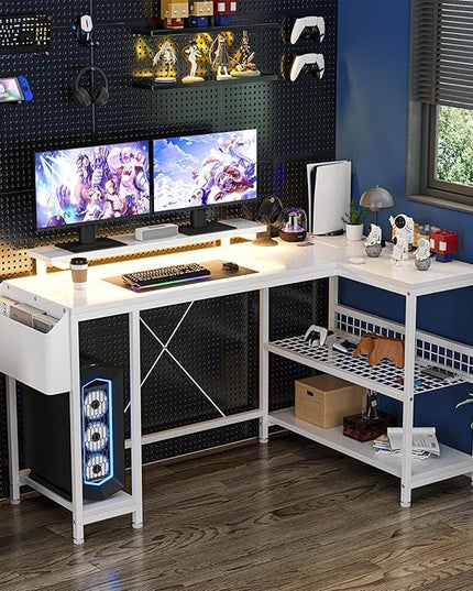 L Shaped Computer Desk with Power Outlets & LED Light, 49.6" Reversible Corner Computer Desk with Storage Shelves & Monitor Stand, Home Office Desk, Gaming Desk, Writing Desk (White) - LeafyLoom