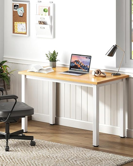 Need Small Desk, 31.5 inch Sturdy Writing Desk for Small Spaces, Small Computer Desk Teens Desk Study Table Laptop Desk Home Ofice Desk, White Metal Frame, Teak - LeafyLoom