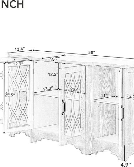 58" Retro Sideboard Glass Door with Curved Line Design,Wood Ample Storage Cabinet,W/Black Handle and Three Adjustable Shelves,for Dining Living Room Entryway - LeafyLoom