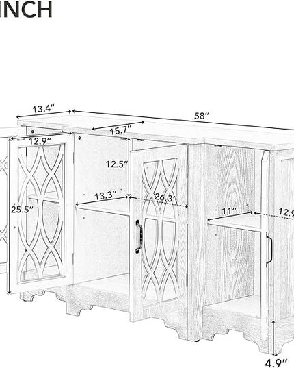 58" Retro Sideboard Glass Door with Curved Line Design,Wood Ample Storage Cabinet,W/Black Handle and Three Adjustable Shelves,for Dining Living Room Entryway,Antique White - LeafyLoom