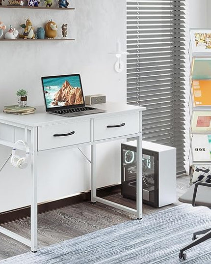 ODK Small Desk with Fabric Drawers- for Bedroom, White Vanity Desk with Storage, Home Office Computer Desk for Small Spaces, 32 Inch Modern Work Writing Study Table, White - LeafyLoom
