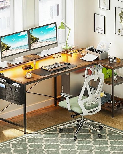 ODK 58 Inch Gaming Desk with USB Charging Ports and LED Lights, Reversible L Shaped Computer Desk with Storage Shelves & Monitor Stand, Corner Home Office Desk Table with Power Outlets, Vintage - LeafyLoom
