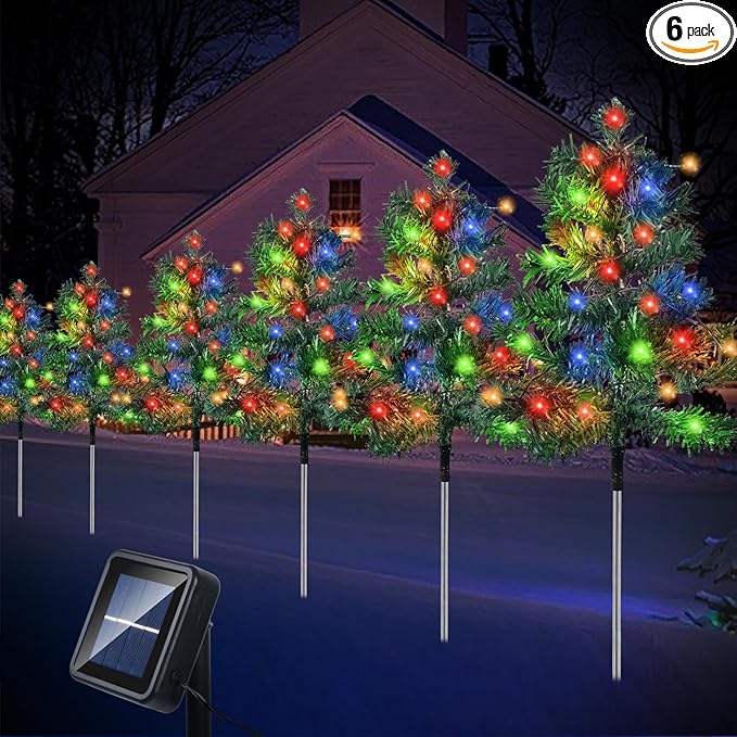 Outdoor Christmas Decorations 6-Pack Solar Christmas Tree with 8 Lighting Modes 120 Multi-Color Lights for House Outside Pathway Yard Garden Walkway Lawn Patio Front Porch Door Aovciust