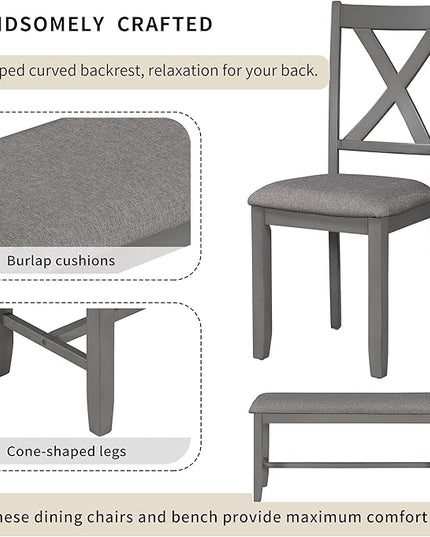 6-Piece Classic Dinette Sets Rectangular Wooden Kitchen Dining Table, 4 Fabric Chairs & Bench, for Diningroom Living Room, Easy to Assemble, Gray 6 - LeafyLoom