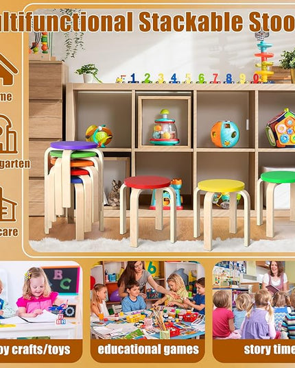 6 Pcs 12 Inch Bentwood Stacking Stool for Kids Colored Durable Round Nesting Stool Flexible Wood Stackable Stool Chairs for Playroom Daycare Home Classroom (Classic Color) - LeafyLoom
