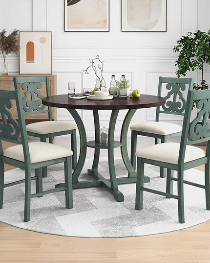 Kitchen Set 5-Piece Round Dining 4 Fabric Chairs with Special-shaped Table Legs and Storage Shelf, Antique Blue+Dark Brown - LeafyLoom