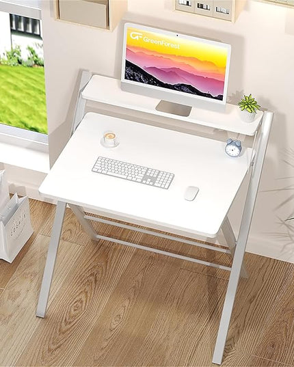 GreenForest Folding Desk No Assembly Required Small Size, 2-Tier Foldable Computer Desk with Shelf for Home Office, Space Saving Portable Laptop Study Foldable Table for Small Spaces, White - LeafyLoom