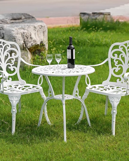 Bistro Table and Chairs Set of 2, Patio Furniture Bistro Set, Cast Aluminum Bistro Set 3 Piece Outdoor with Umbrella Hole for Balcony - LeafyLoom