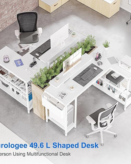 L Shaped Computer Desk with Power Outlets & LED Light, 49.6" Reversible Corner Computer Desk with Storage Shelves & Monitor Stand, Home Office Desk, Gaming Desk, Writing Desk (White) - LeafyLoom