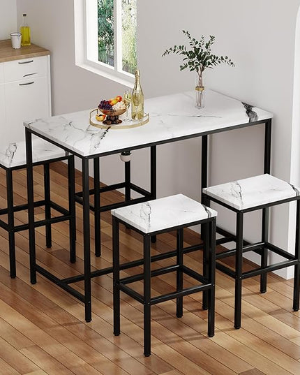 Yongchuang 5 Piece Bar Table Set, Kitchen Bar Table and Chairs Set of 4, Modern Metal Counter Height Table with Stools for Dining Room, Living Room Breakfast Table White Faux Marble Wood Top - LeafyLoom