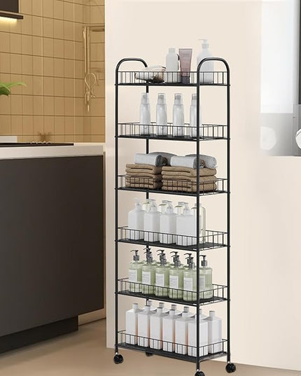 6-Tier Slim Rolling Cart,Narrow Shelving,Kitchens, Bathroom, Garages, Laundry rooms, Offices,10" D x 22.8" W x 61" H - LeafyLoom