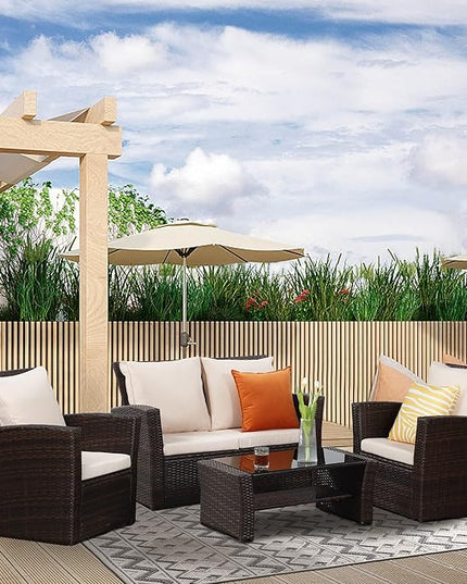 Solaste 4 Piece Patio Outdoor Furniture Sets,Patio Conversation Sofa Wicker Chair with Cushion,Hand Woven Rattan Sofa for Porch Backyard Outside Garden Lawn Yard,Brown - LeafyLoom