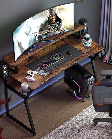 Gaming Desk, Computer Desk with Large Monitor Stand and Open Shelf, PC Laptop Gamer Table Workstation with Cup Holder, Headphone Hook, 2 Speaker Stand for Home Office (Rustic Brown) - LeafyLoom
