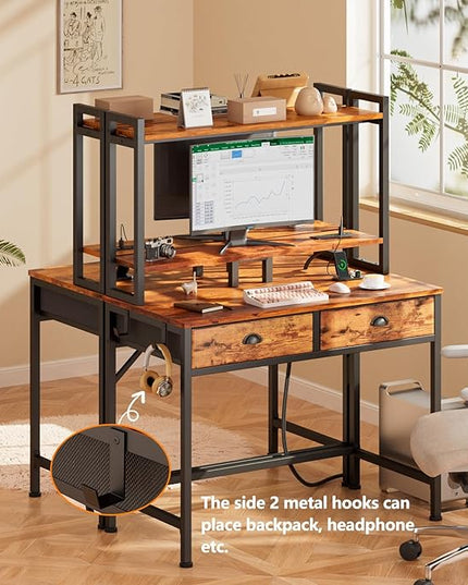 Furologee Small Computer Desk with Power Outlet and 2 Fabric Drawers, Gaming Desk with Light, Home Office Desk with Monitor Stand and Hutch for Small Space Working, Study Table with Shelf Rustic Brown - LeafyLoom