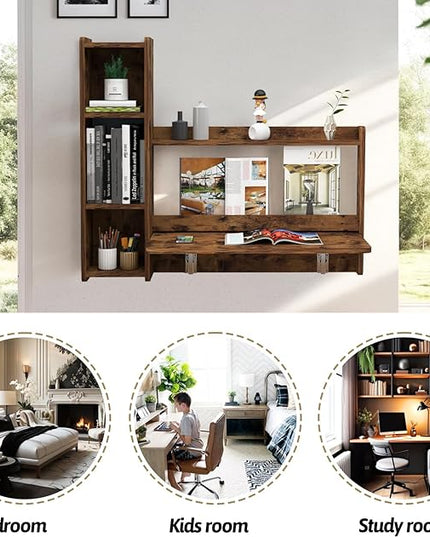 Pmnianhua Farmhouse Floating Desk,41''Wall Mounted Desk,L Shaped Folding Table,Fold Down Laptop Computer Desk with Storage for Wall Bedroom Small Space (Rustic Brown-Left) - LeafyLoom